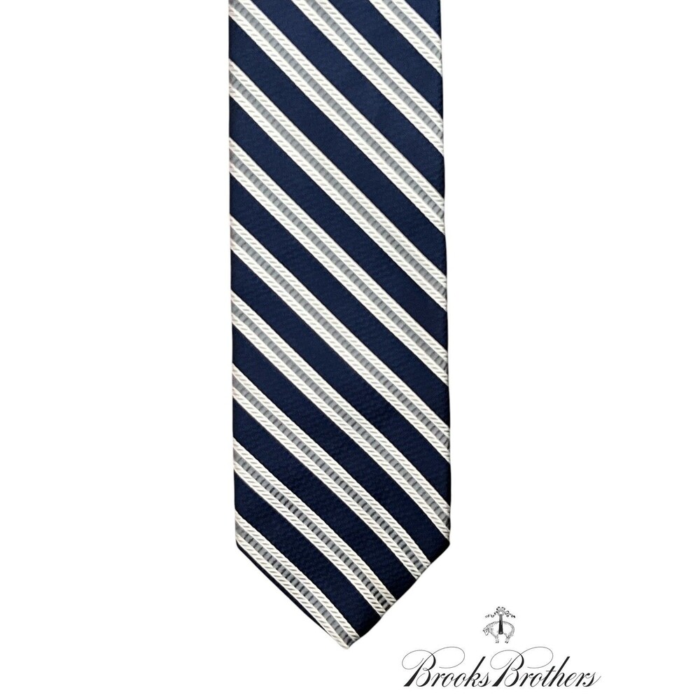 Brooks Brothers Repp Stripe Navy Blue Silver Slim Silk Woven USA Neck Tie